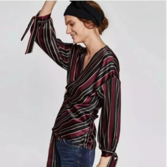 Zara Basics Collection Long Sleeve Striped Wrap Top in Maroon/Navy/Black/Gold - Picture 4 of 17